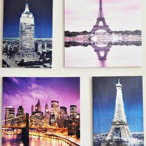 SET OF 4 PRINTS  EMPIRE STATE / BROOKLYN BRIDGE / EIFEL TOWER ON SEINE / EIFEL